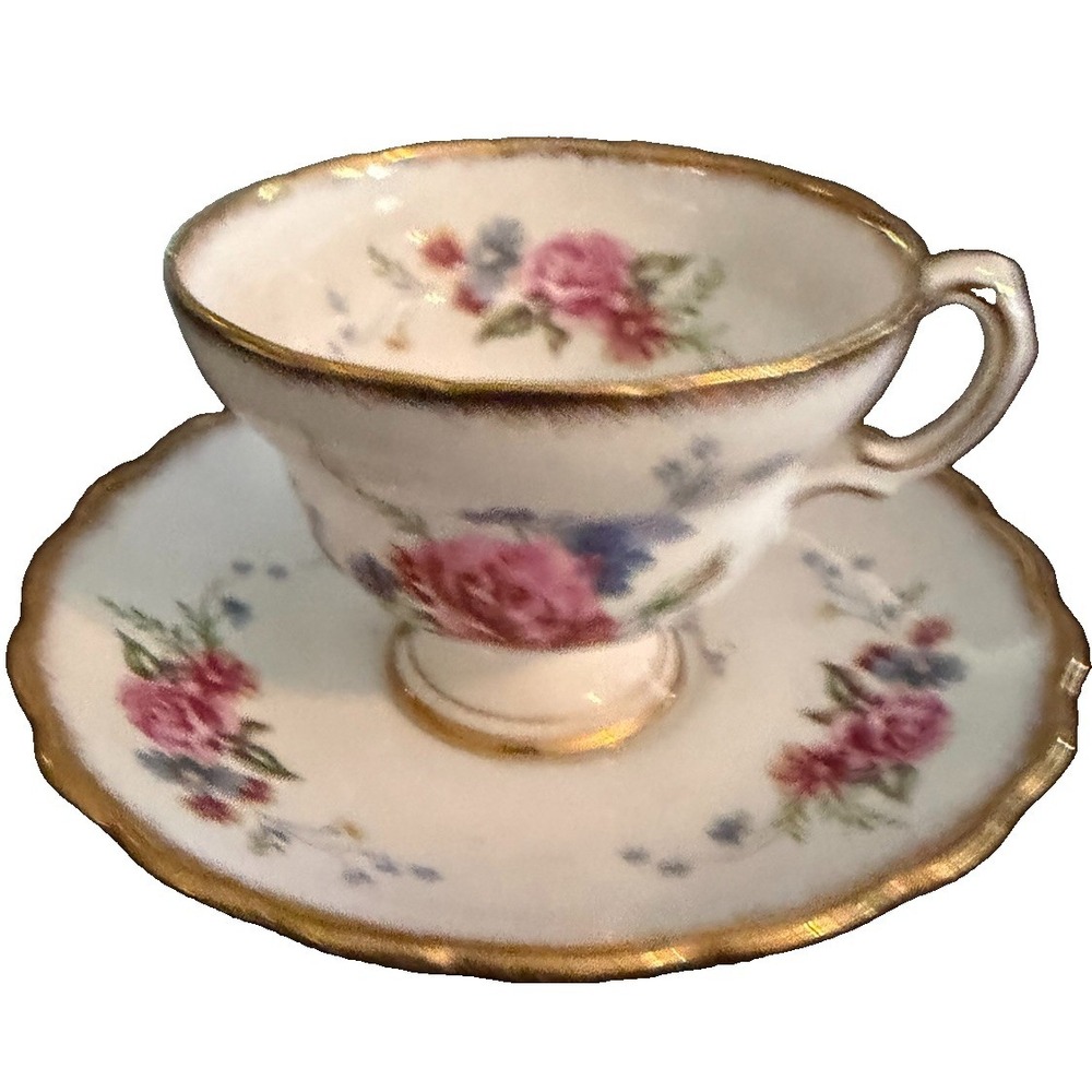 Vintage Rosina Bone China Teacup Saucer Pink Roses Floral Gold Trim England